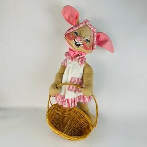 Annalee Easter Bunny Girl Rabbit Pink Gingham Dress with Basket 17”